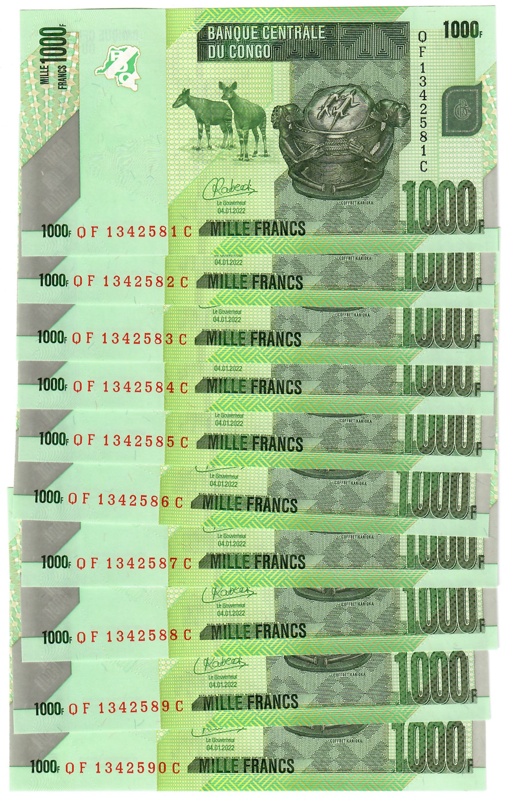 Democratic Republic of Congo 10x 1000 Francs 2022 UNC – Davenport ...