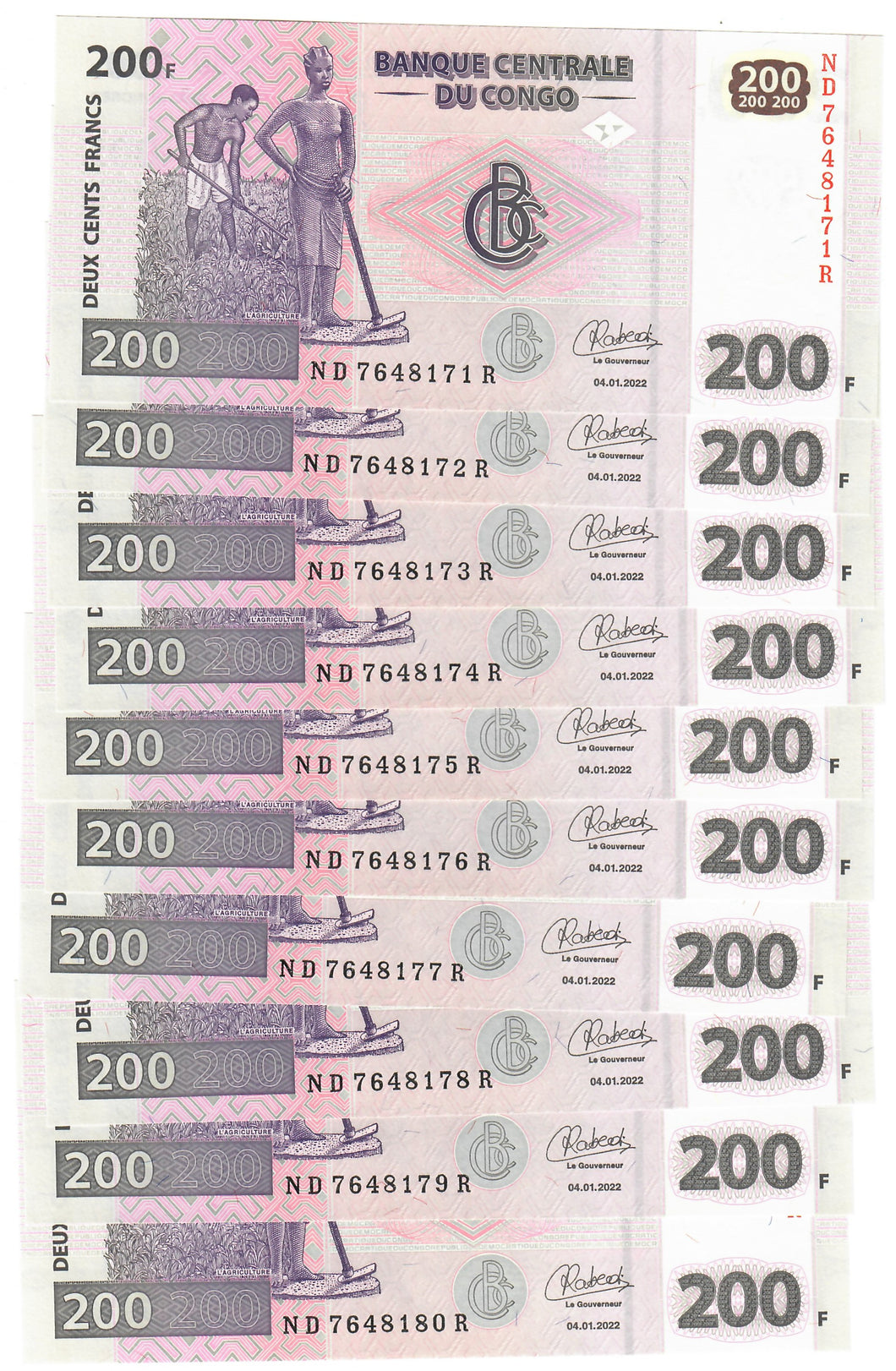 Democratic Republic of Congo 10x 200 Francs 2022 UNC