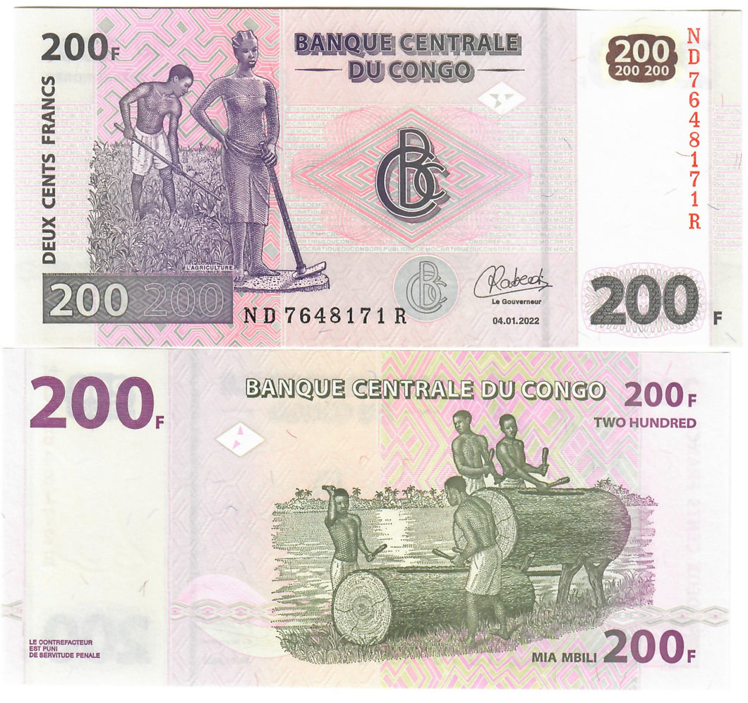 Democratic Republic of Congo 200 Francs 2022 UNC