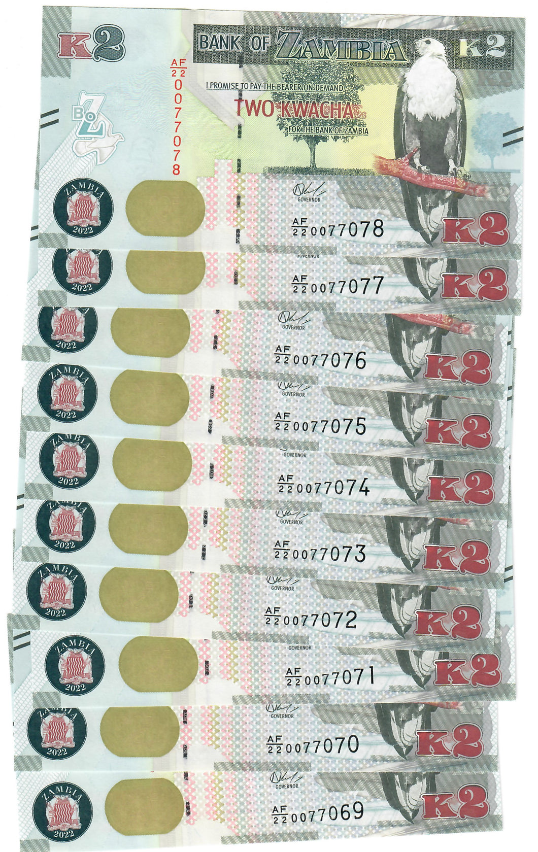 Zambia 10x 2 Kwacha 2022 UNC