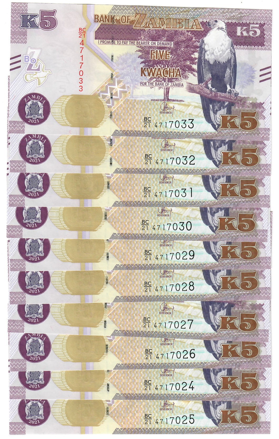 Zambia 10x 5 Kwacha 2021 UNC