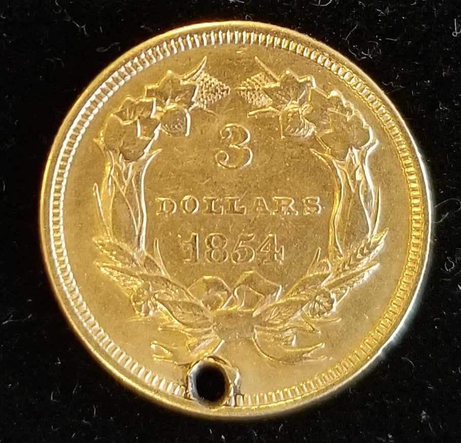 United States 3 Dollars 1854 90.00% Fine Gold Indian Princess Head