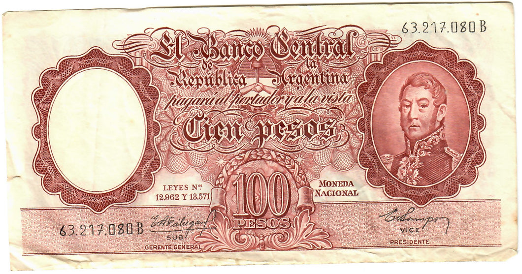 Argentina 100 Pesos 1957-1967 VG