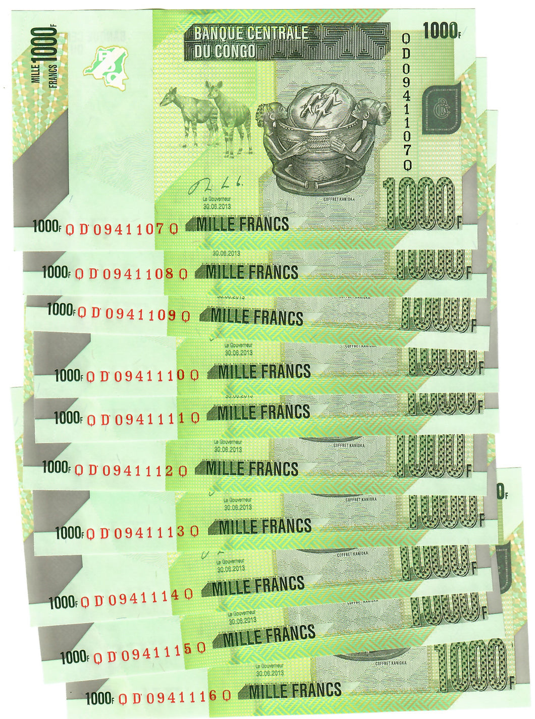 Democratic Republic of Congo 10x 1000 Francs 2013 UNC