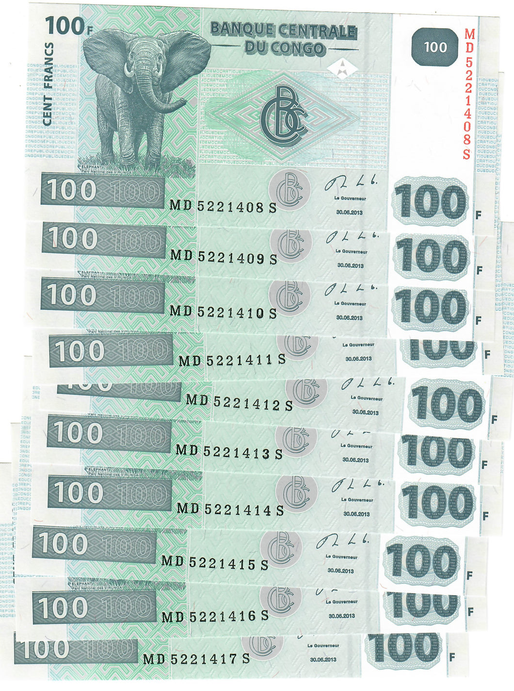 Democratic Republic of Congo 10x 100 Francs 2013 UNC