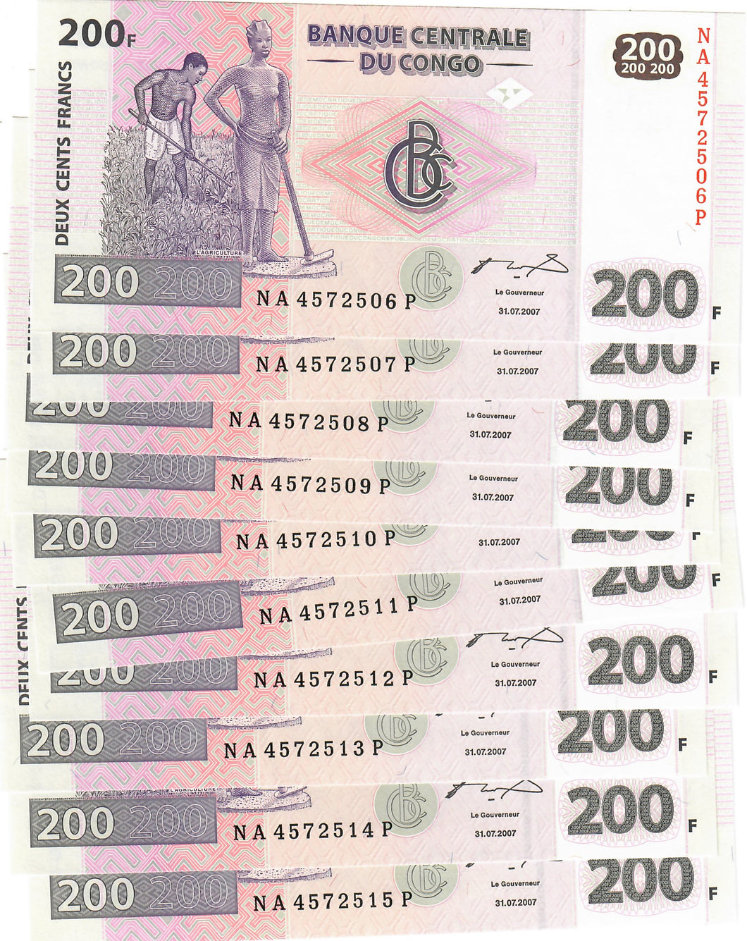 Democratic Republic of Congo 10x 200 Francs 2007 UNC