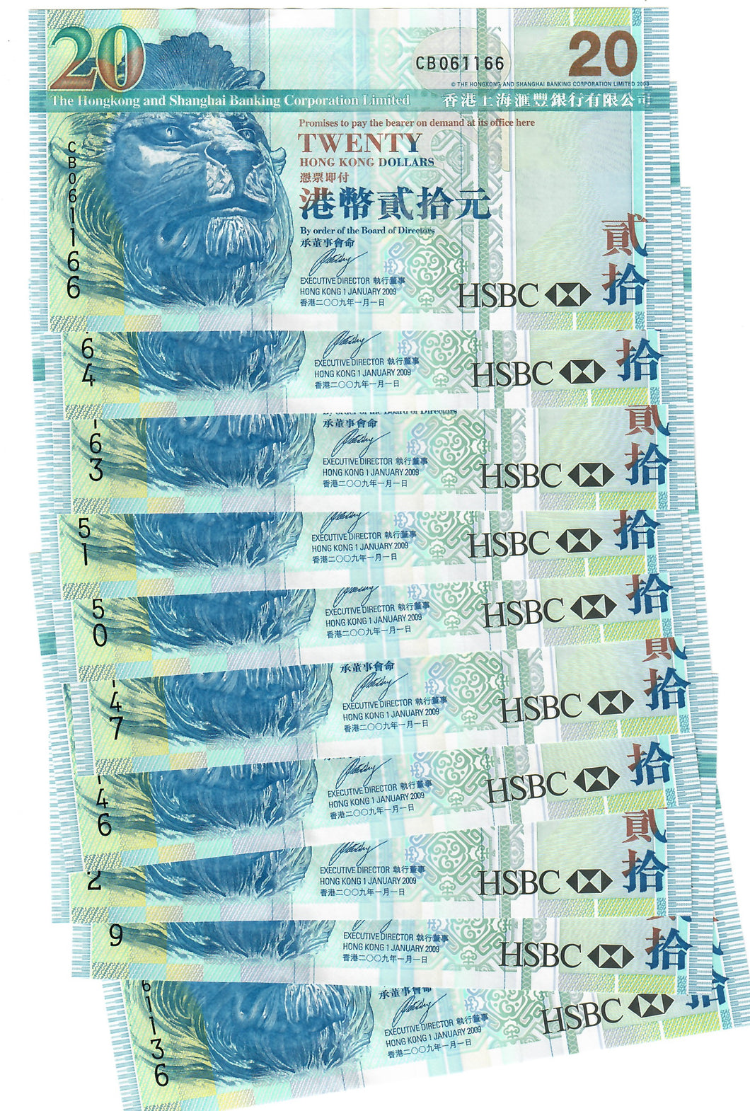 Hong Kong 10x 20 Dollars 2009 UNC HSBC