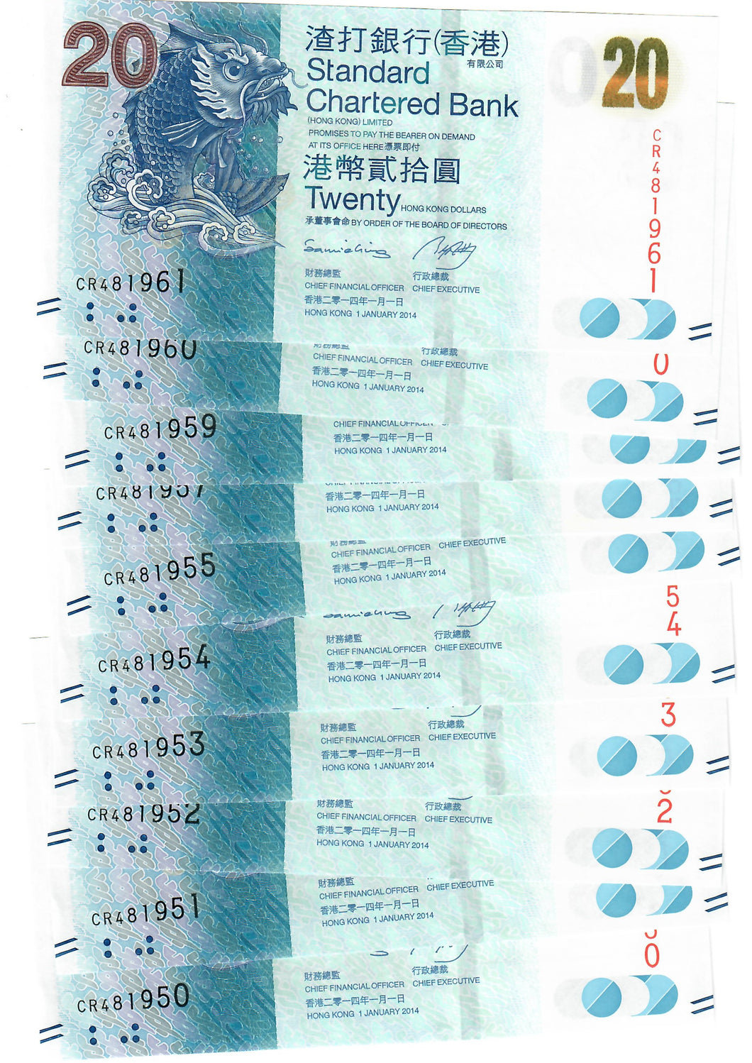 Hong Kong 10x 20 Dollars 2014 UNC Standard Chartered