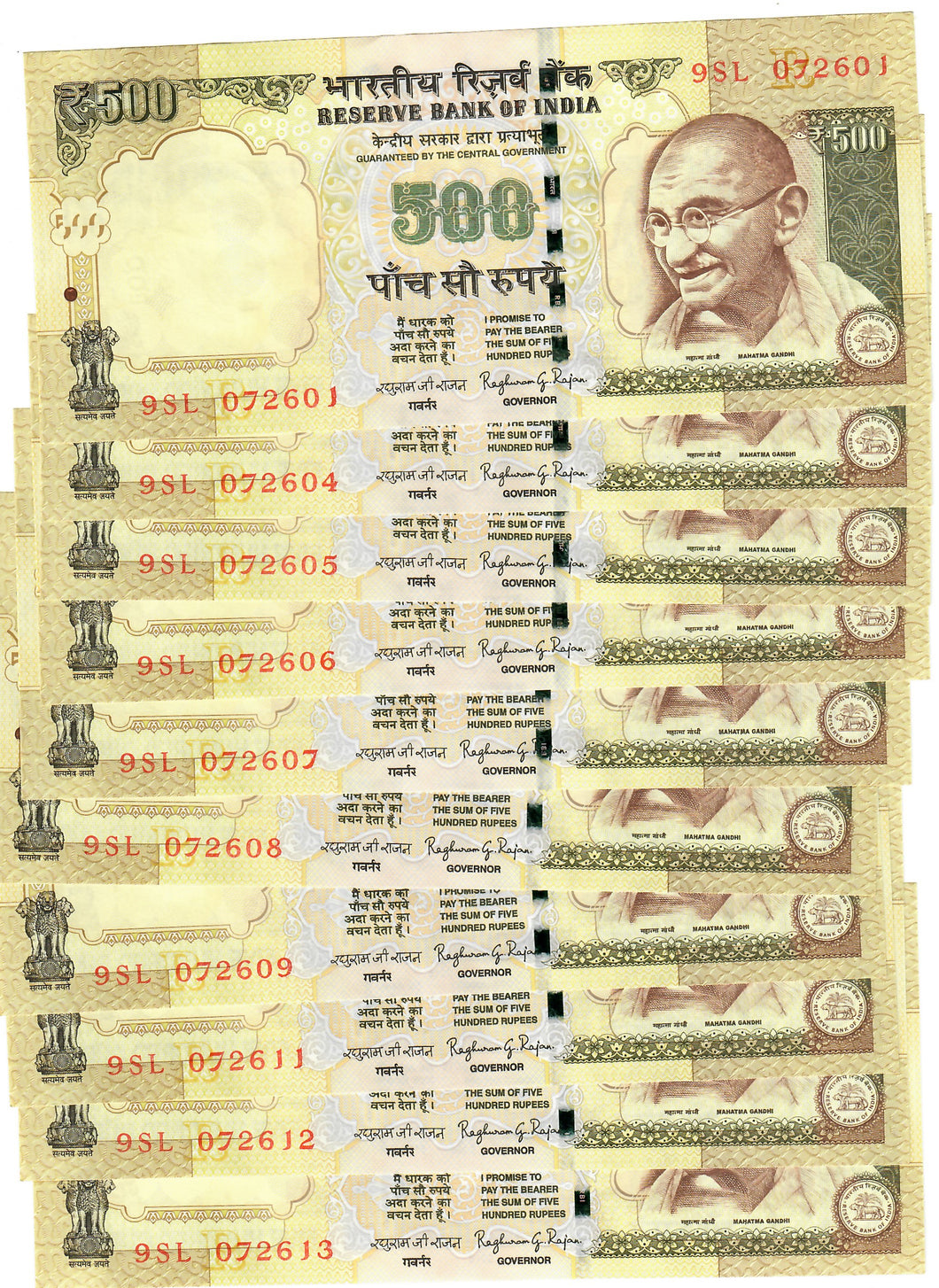 India 10x 500 Rupees 2015 UNC