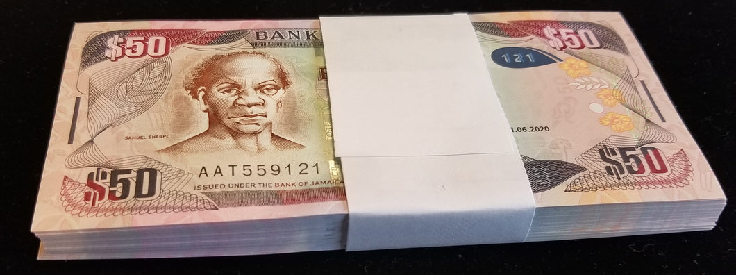 Jamaica 100x 50 Dollars 2020 UNC MINT BUNDLE