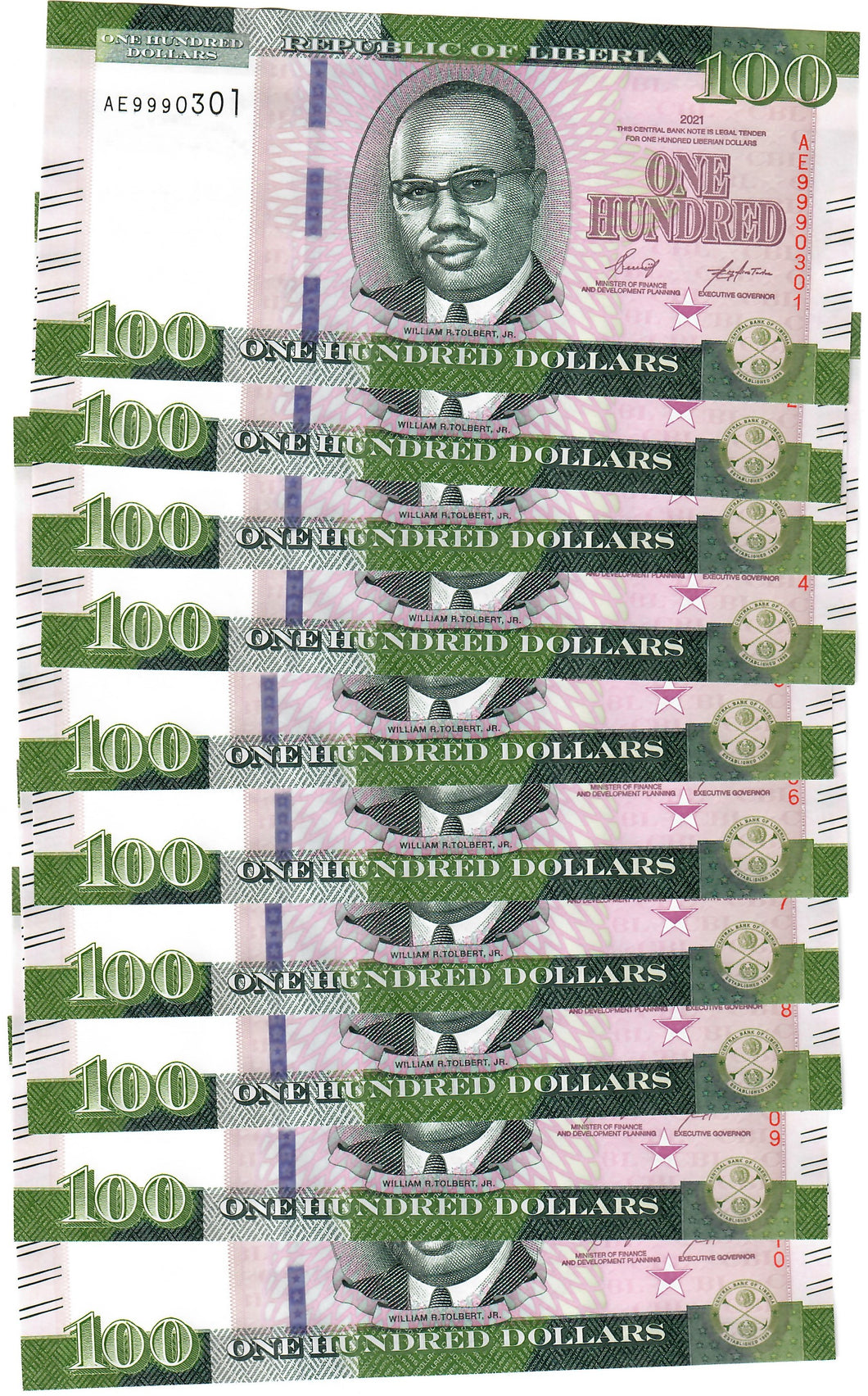 Liberia 10x 100 Dollars 2021 (2022) UNC