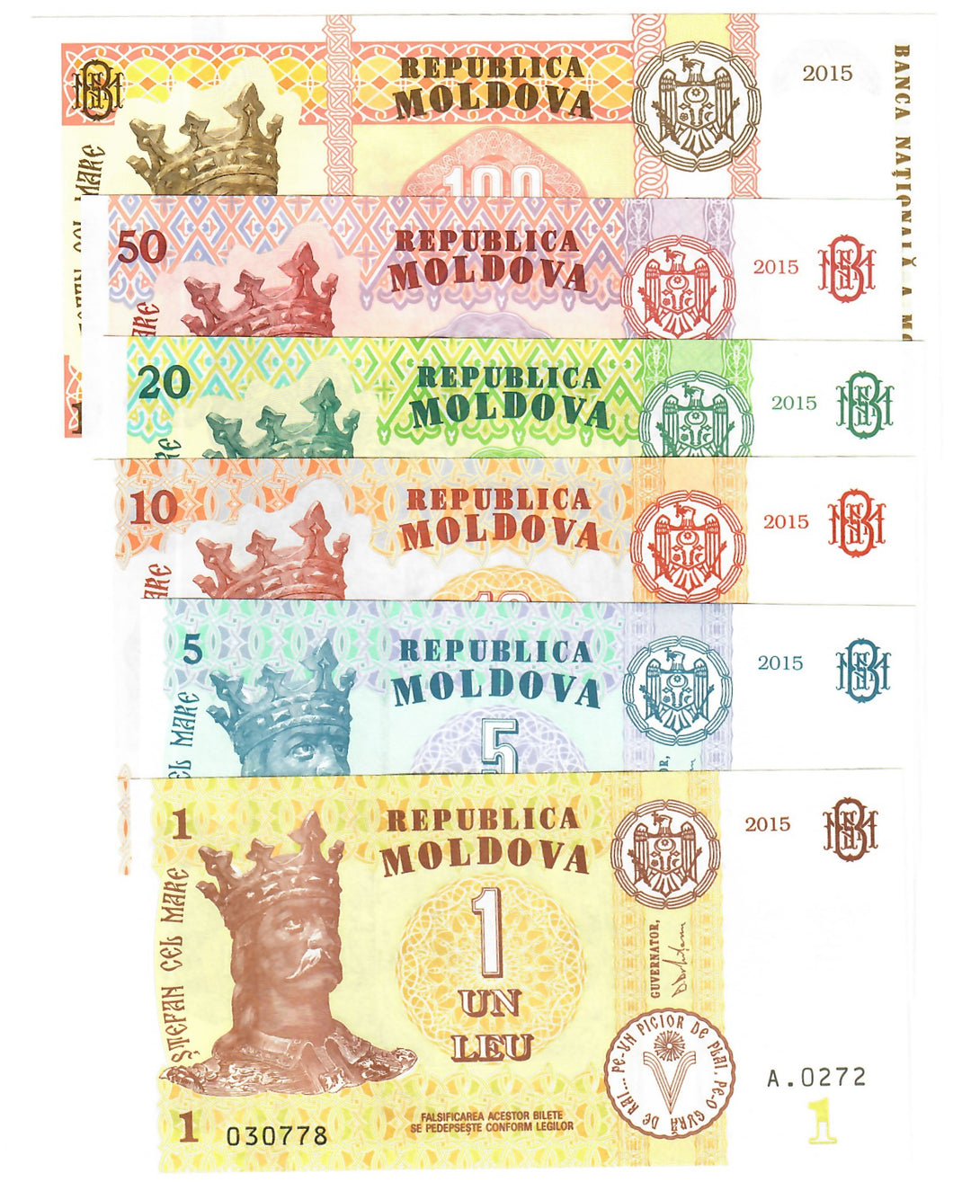 SET Moldova 1, 5, 10, 20, 50 & 100 Lei 2015 UNC