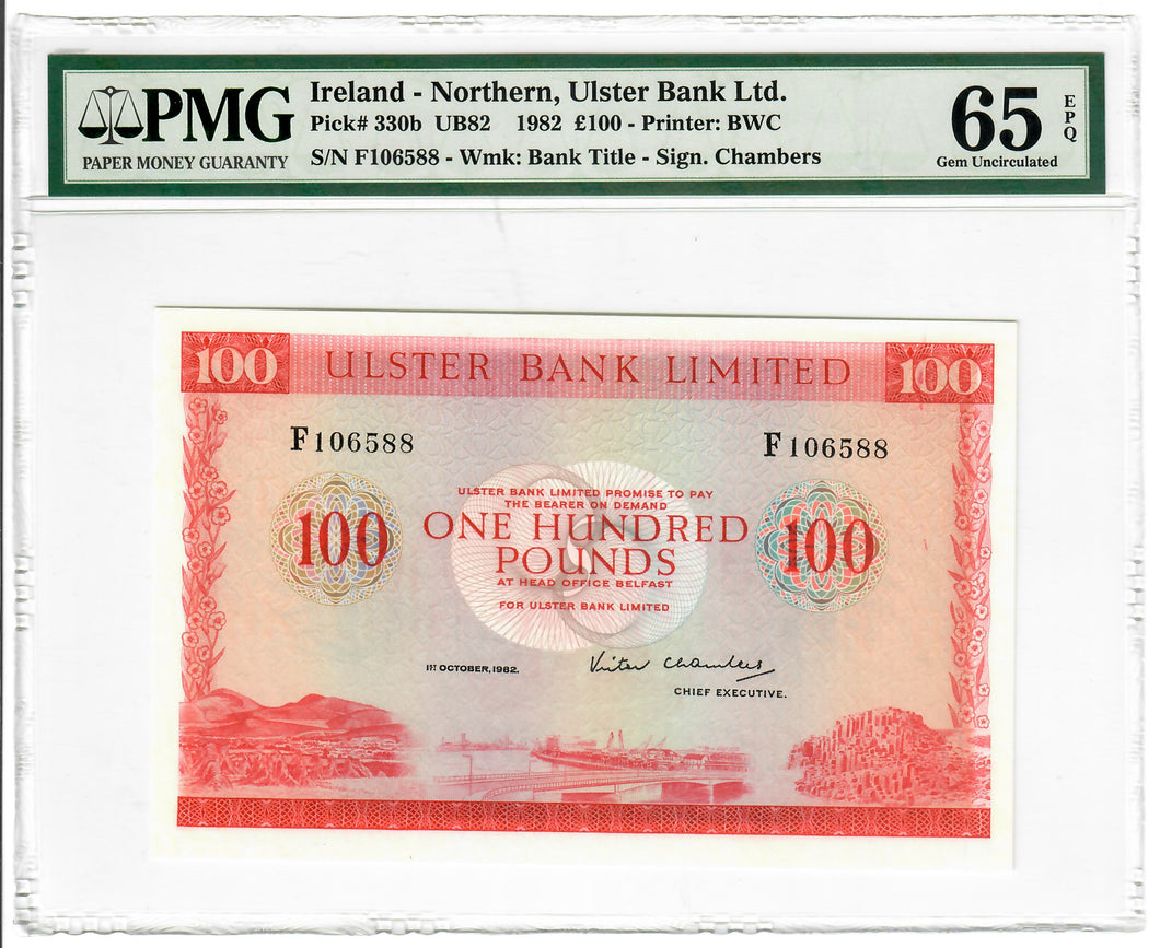 Northern Ireland 100 Pounds 1982 Gem UNC Ulster Bank PMG Graded 65 EPQ