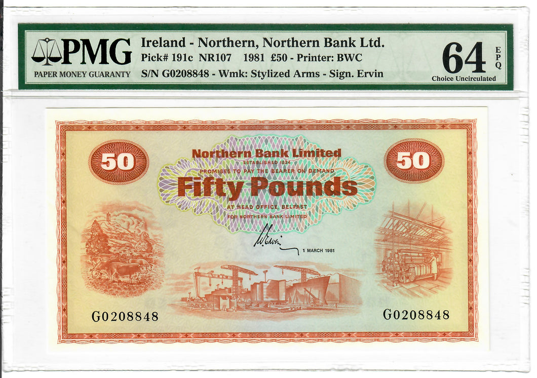 Northern Ireland 50 Pounds 1981 Choice UNC Northern Bank PMG Graded 64 EPQ