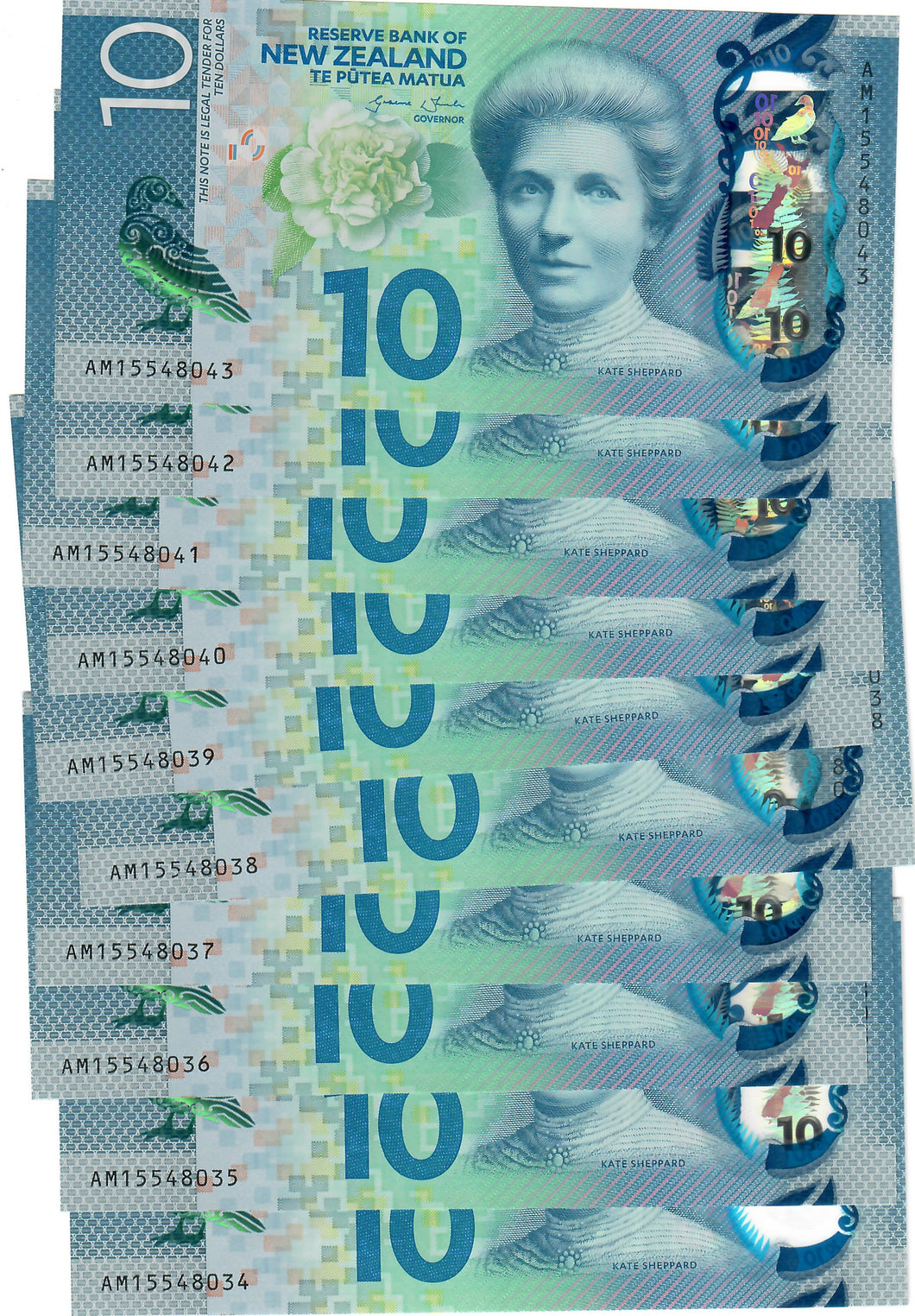 New Zealand 10x 10 Dollars 2015 UNC