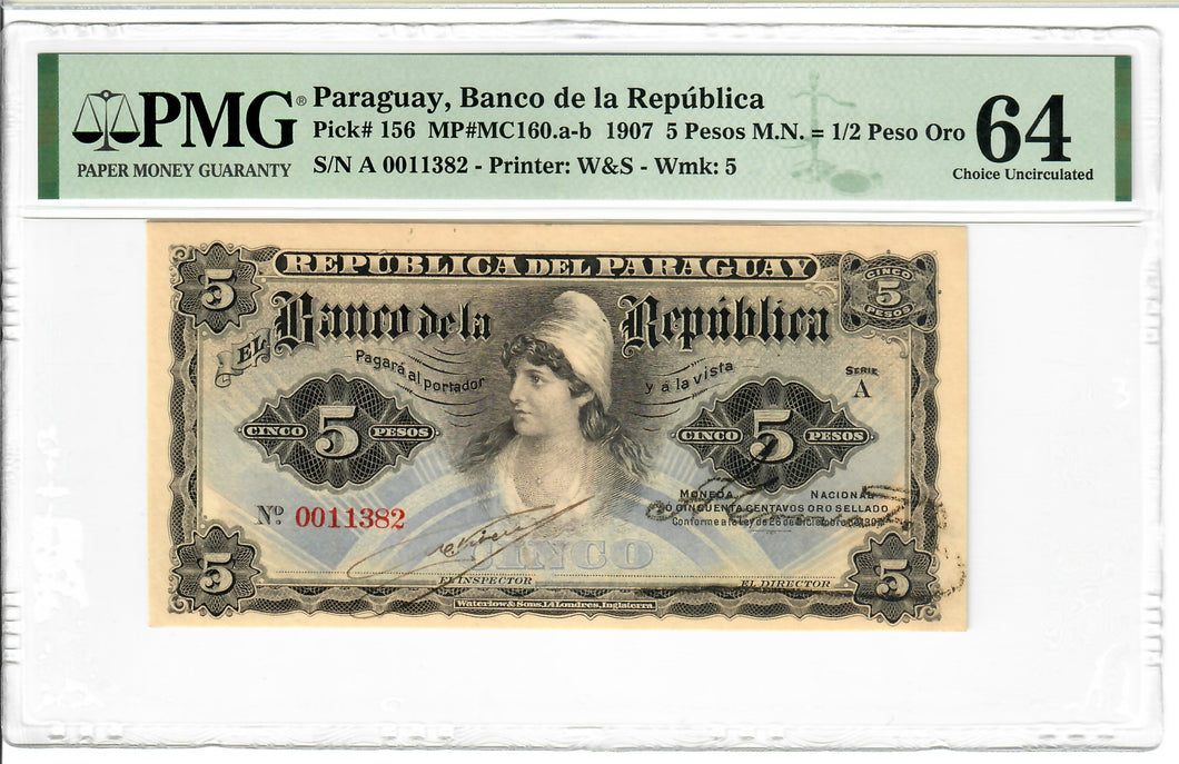 Paraguay 5 Pesos = 1/2 Peso Oro 1907 Choice UNC PMG Graded 64