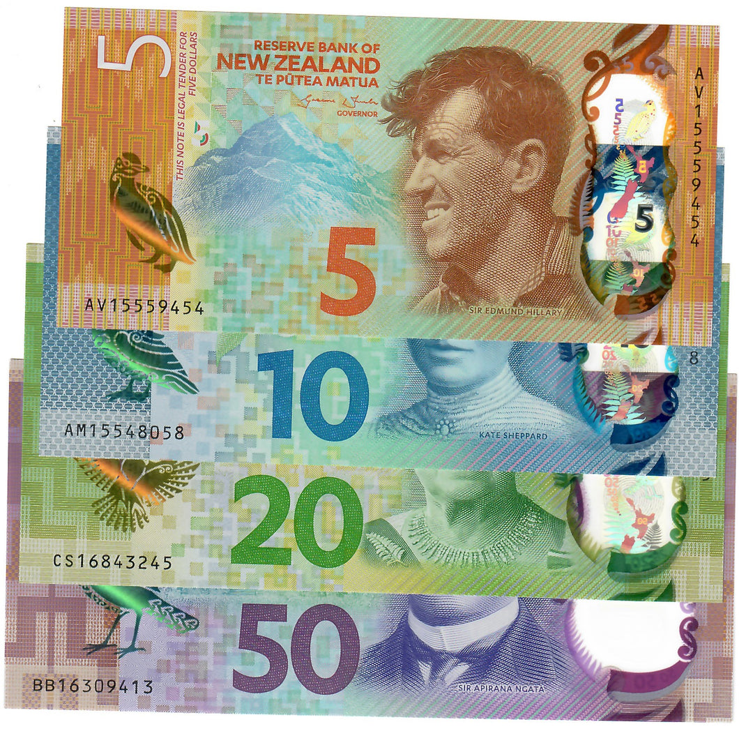 SET New Zealand 5, 10, 20 & 50 Dollars 2015-2016 UNC