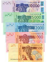 Load image into Gallery viewer, FULL SET West African States 500, 1000, 2000, 5000 &amp; 10000 Francs CFA 2012-2022 UNC
