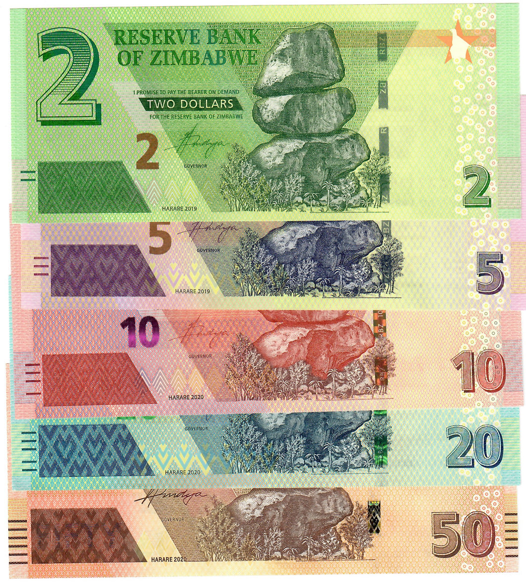 SET Zimbabwe 2, 5, 10, 20 & 50 Dollars 2019-2020 UNC