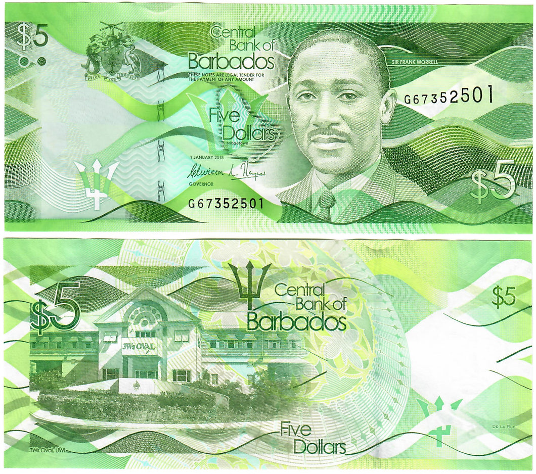 Barbados 5 Dollars 2018 UNC 