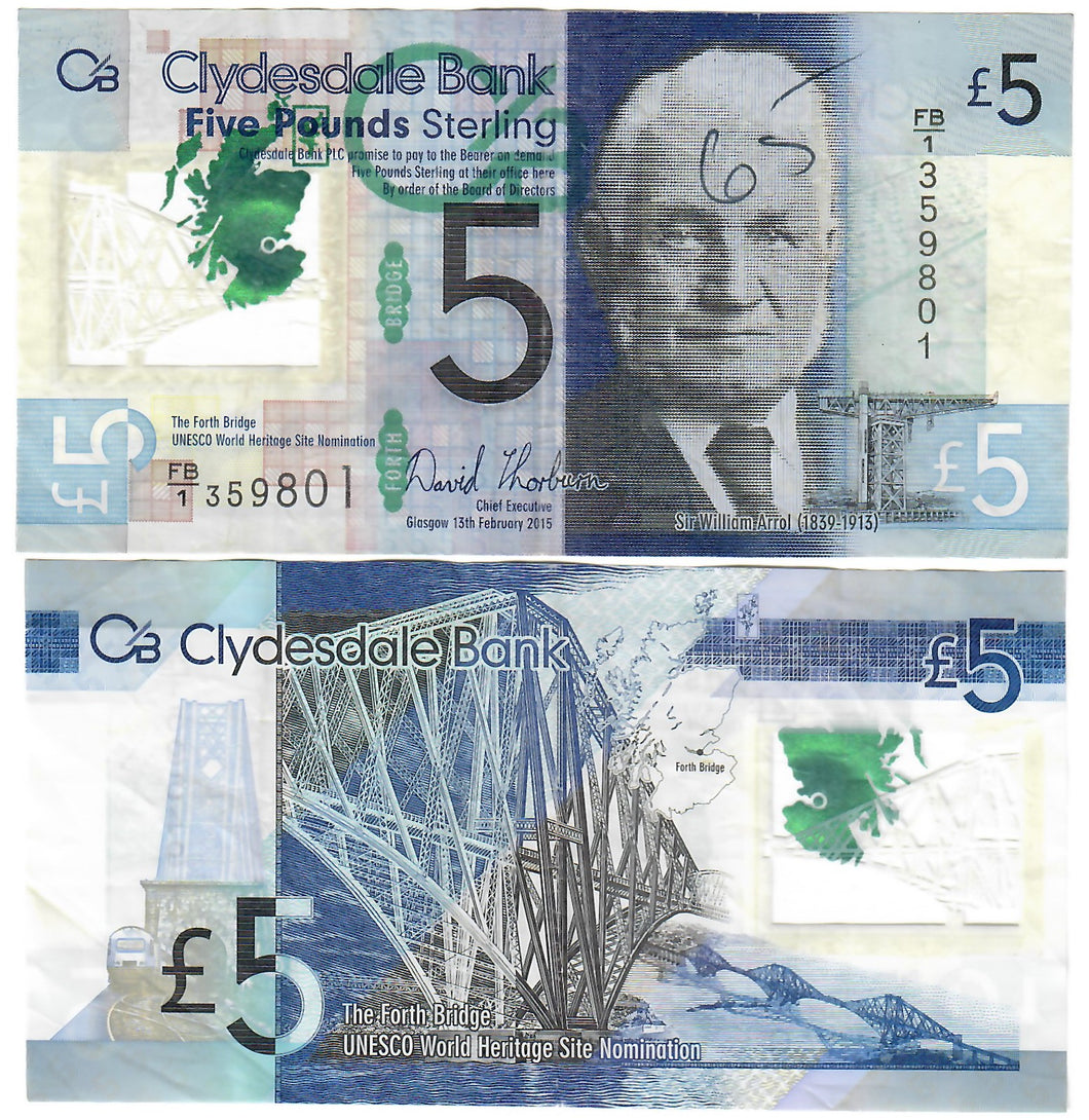 Scotland 5 Pounds 2015 F Clydesdale Bank