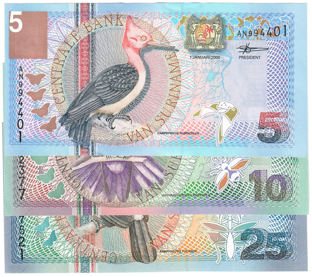 SET Suriname 5, 10 & 25 Gulden (Guilders) 2000 UNC