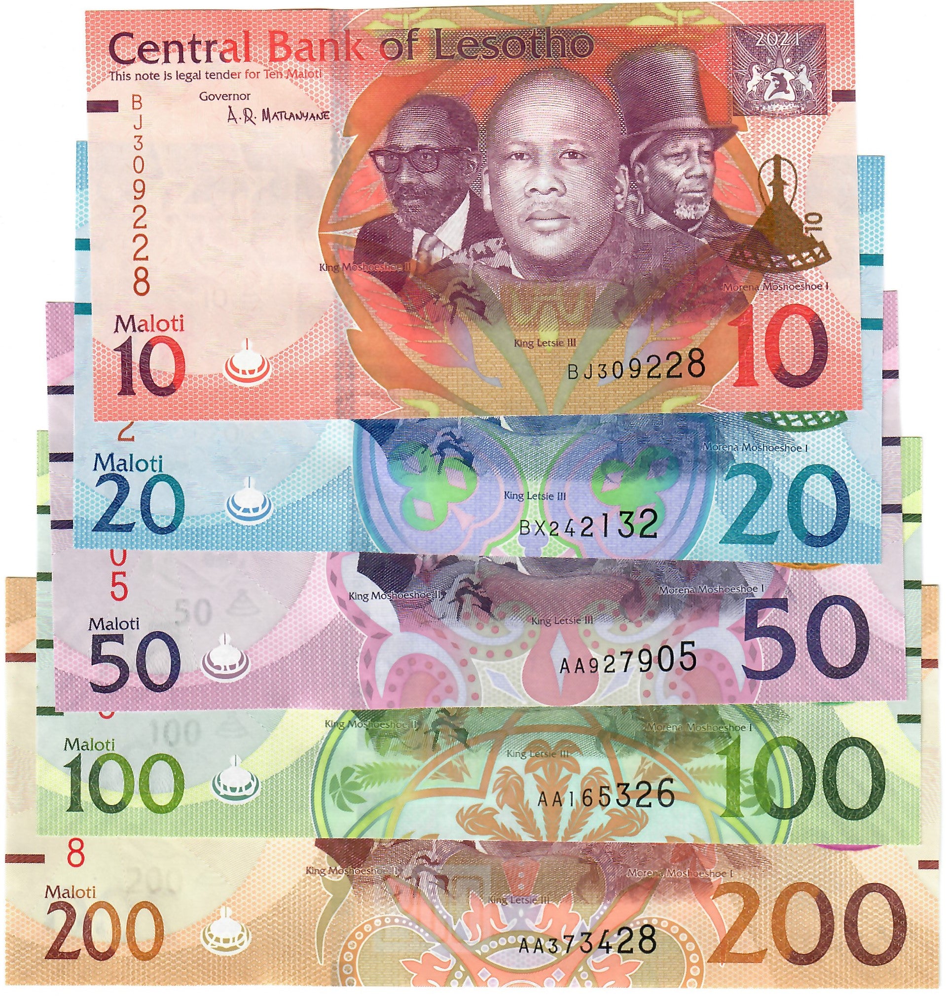 FULL SET Lesotho 10, 20, 50, 100 & 200 Maloti 2021 UNC – Davenport ...