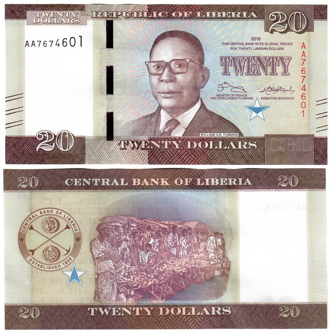 Liberia 20 Dollars 2016 UNC 