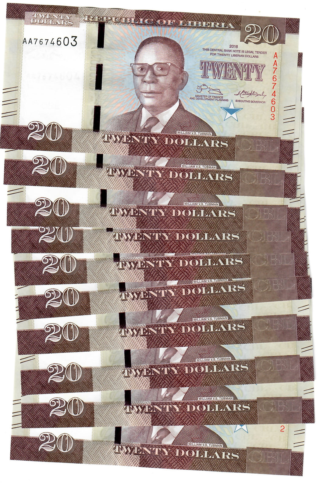 Liberia 10x 20 Dollars 2016 UNC 