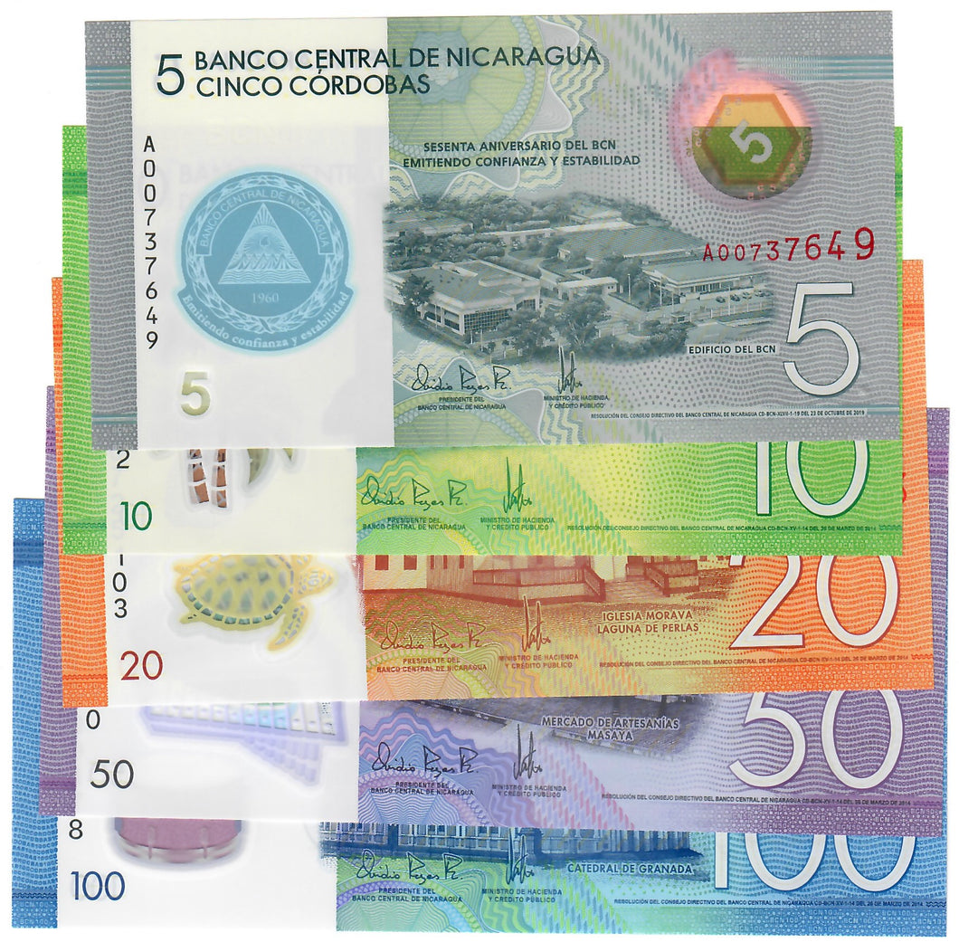 SET Nicaragua 5, 10, 20, 50 & 100 Cordobas 2014-2019 UNC