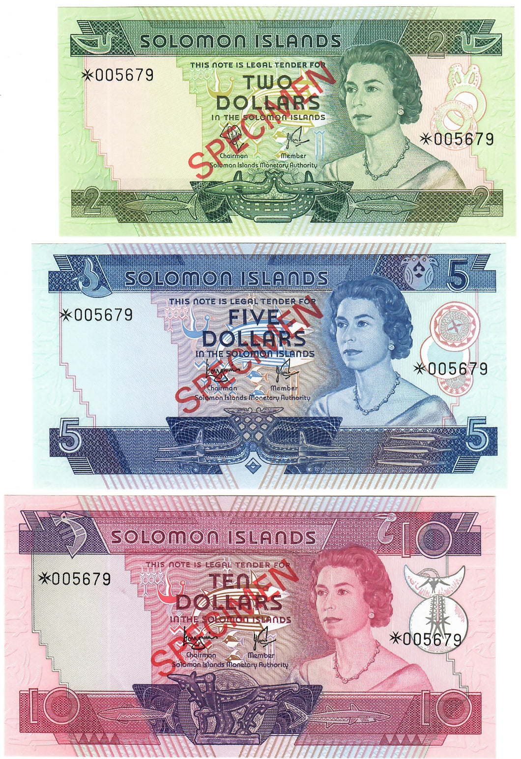 SET Solomon Islands 2, 5 & 10 Dollars 1979 UNC SPECIMEN & Matching Numbers