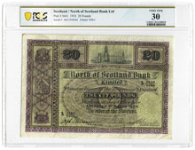 Load image into Gallery viewer, Scotland 20 Pounds 1934 VF North of Scotland Bank PCGS Graded 30
