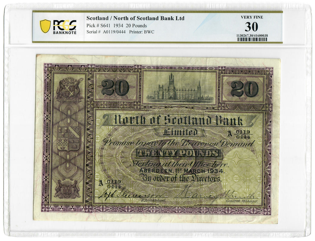 Scotland 20 Pounds 1934 VF North of Scotland Bank PCGS Graded 30