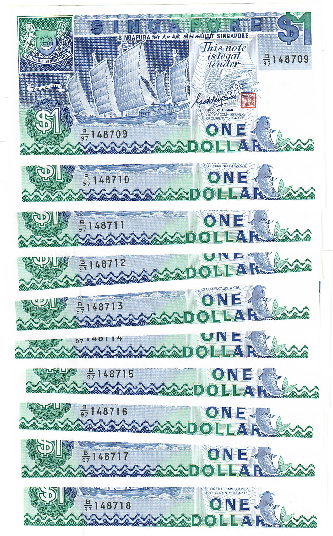 Singapore 10x 1 Dollar 1987 UNC