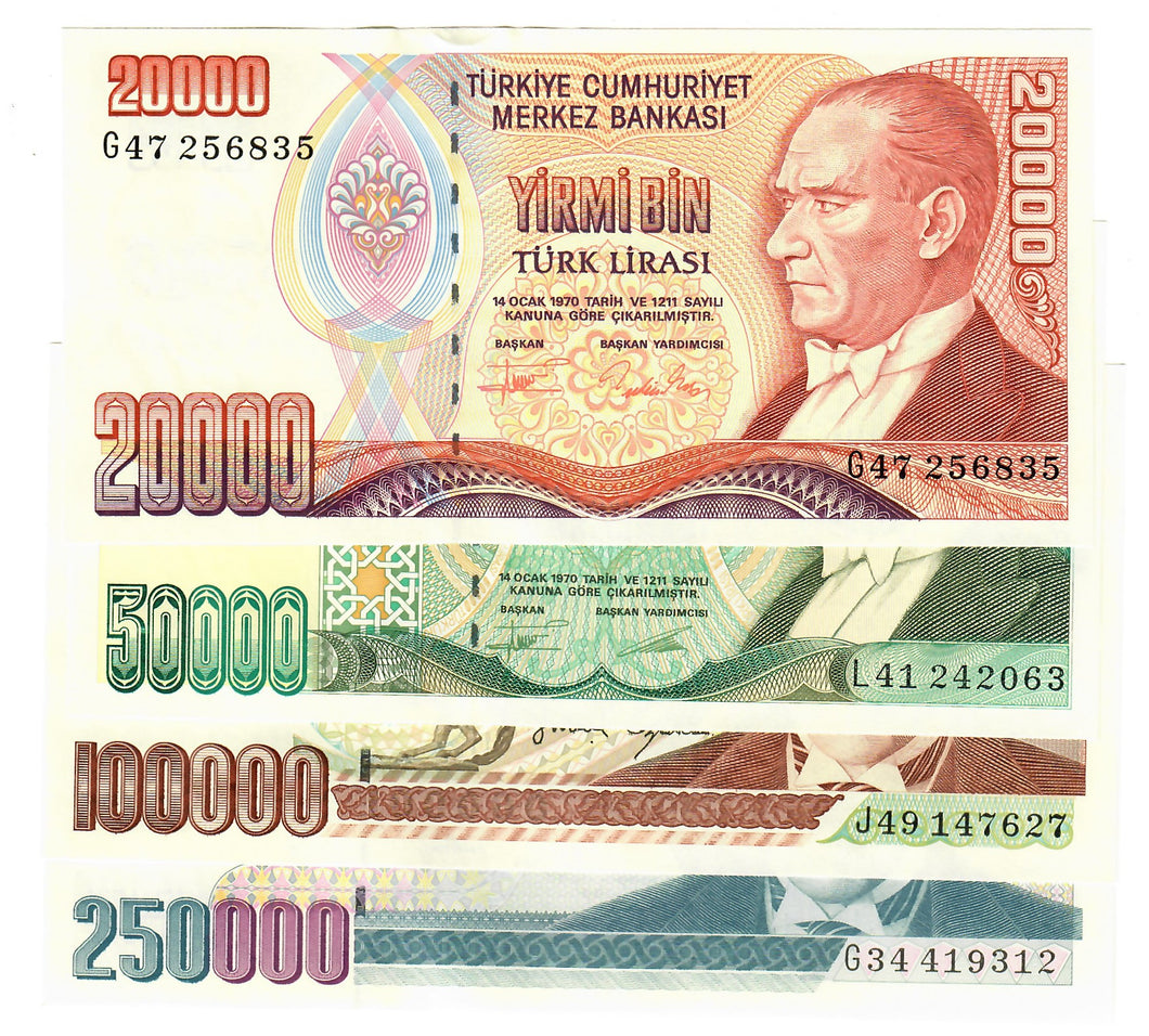 SET Turkey 20000, 50000, 100000 & 250000 Lira 1995-1998 UNC