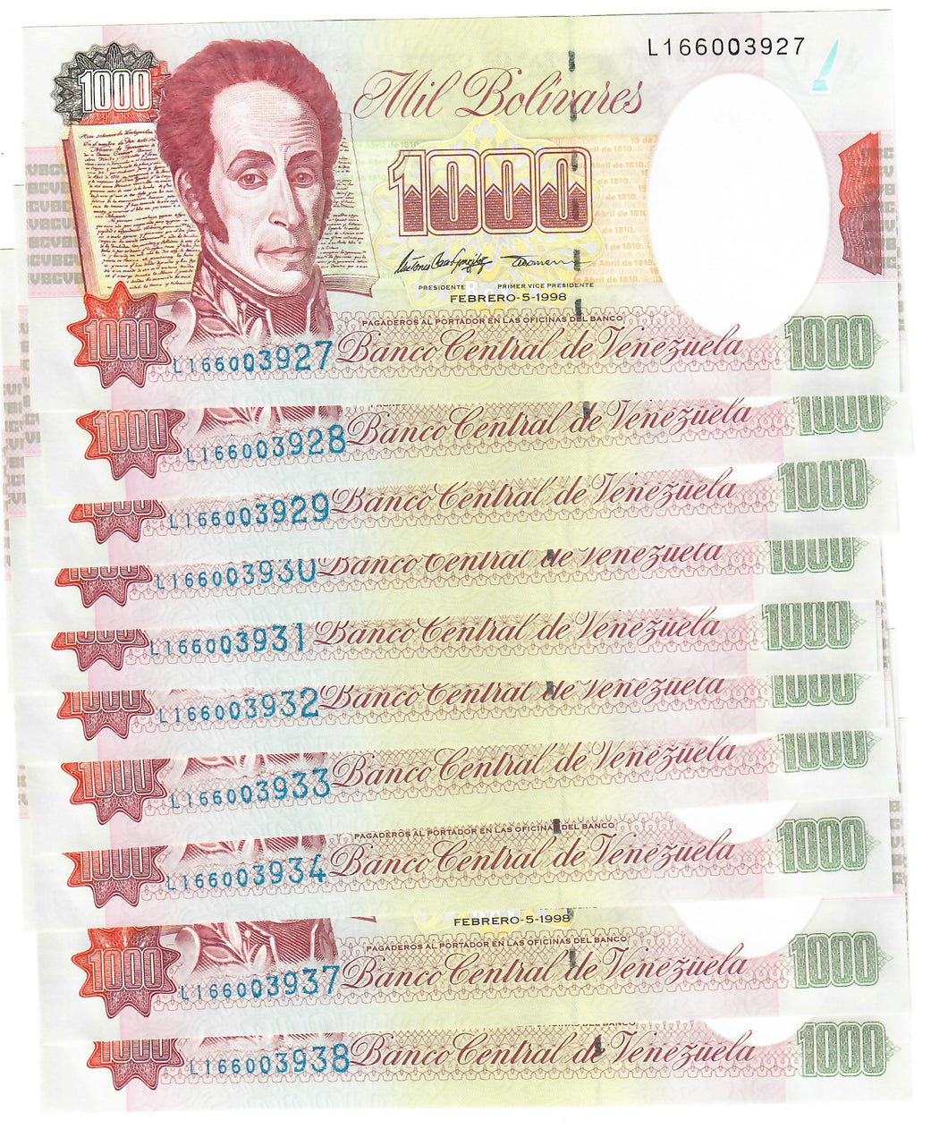 Venezuela 10x 1000 Bolivares 1998 UNC