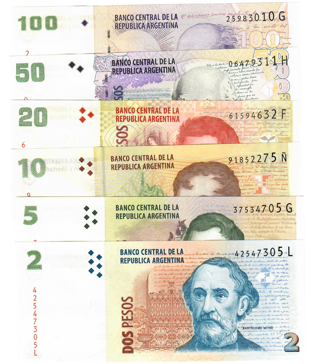 FULL SET Argentina 2, 5, 10, 20, 50 & 100 Pesos 2002 (2013-2015) UNC