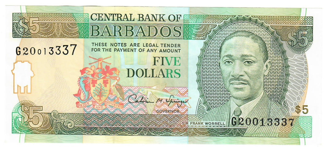 Barbados 5 Dollars 1993 aUNC 