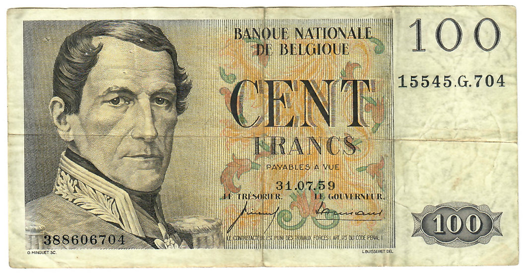 Belgium 100 Francs (Frank) 1959 F 
