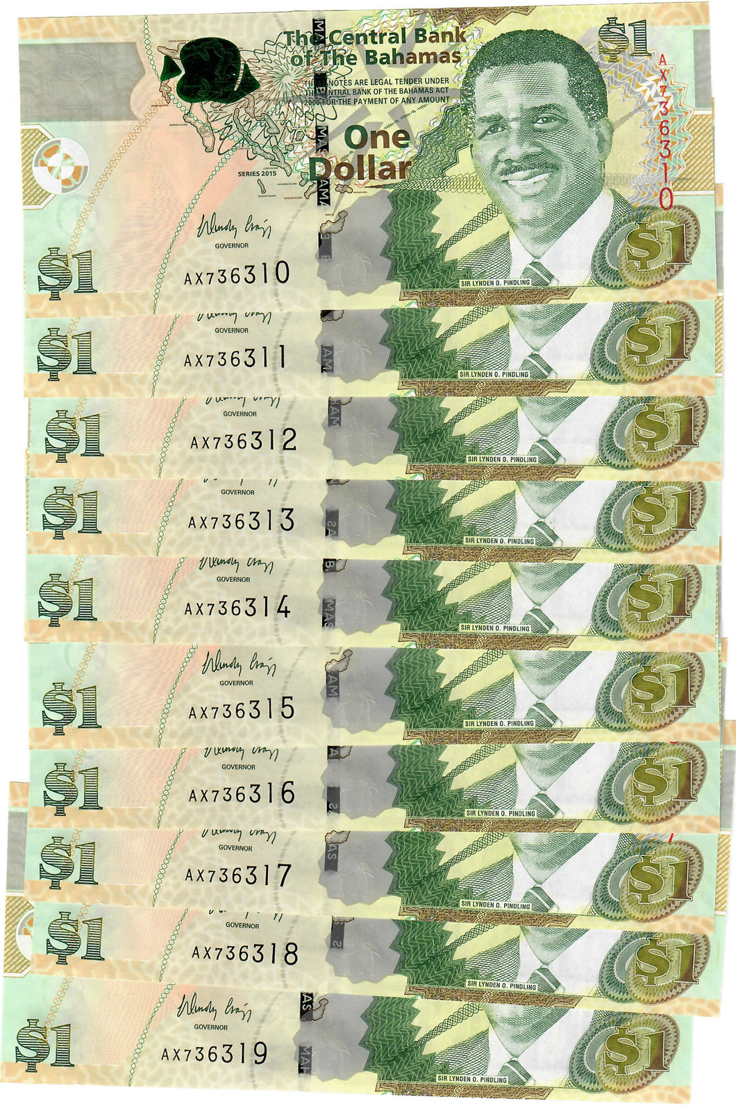 The Bahamas 10x 1 Dollar 2015 UNC 