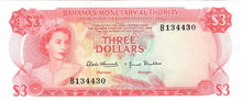 Load image into Gallery viewer, Bahamas 3 Dollars 1968 AUNC &quot;2 Signatures&quot; (2)
