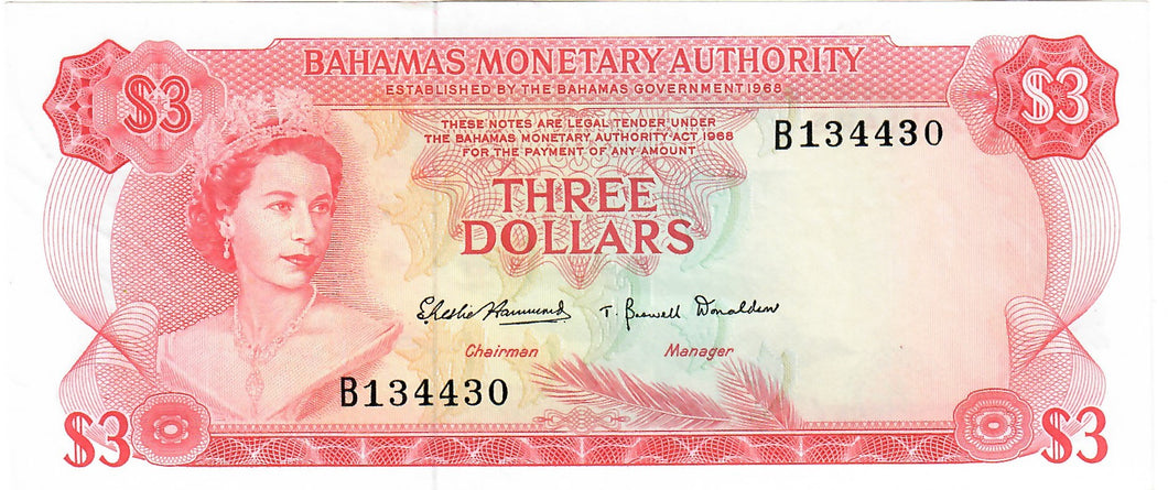 Bahamas 3 Dollars 1968 AUNC 