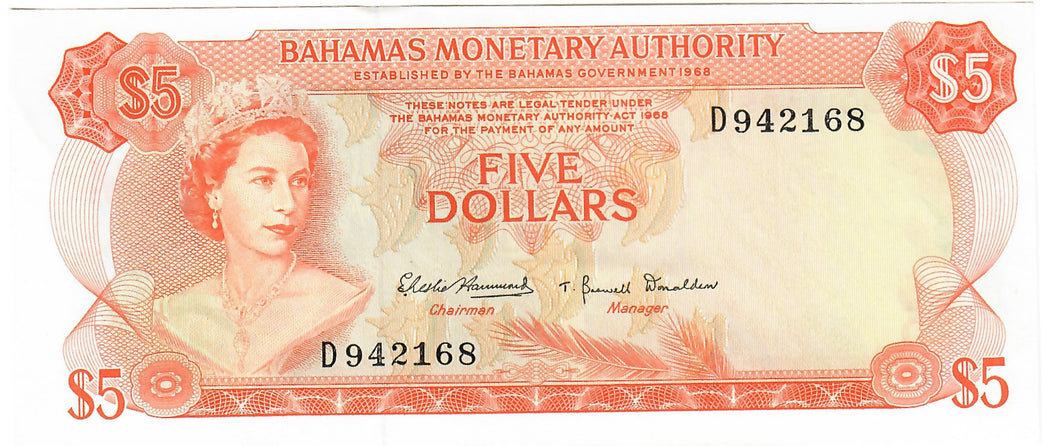 Bahamas 5 Dollars 1968 AUNC 