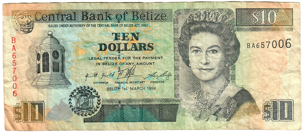 Belize 10 Dollars 1995 F