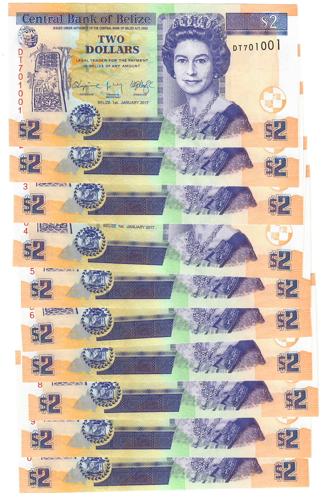 Belize 10x 2 Dollars 2017 UNC