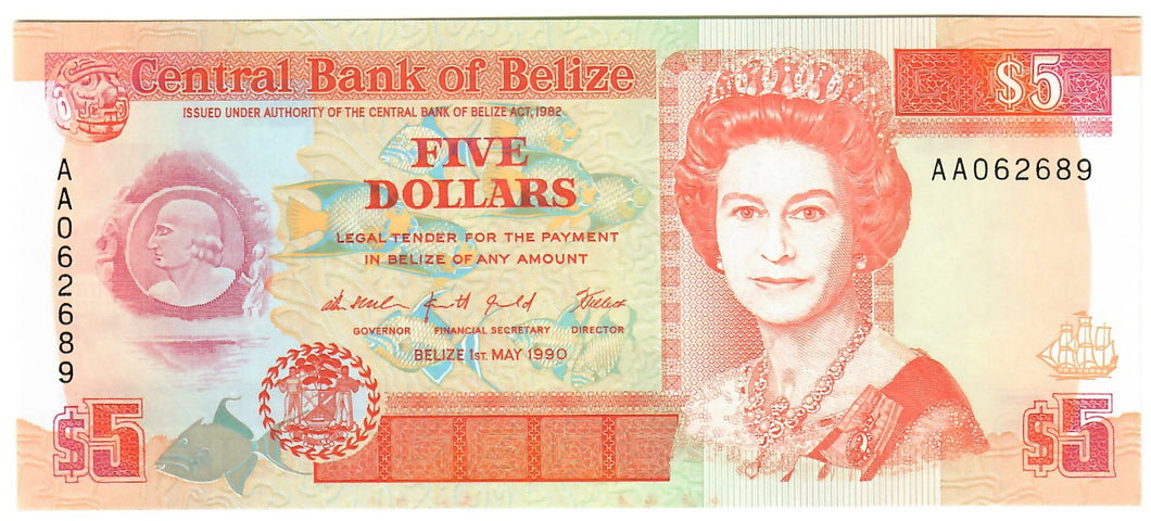 Belize 5 Dollars 1990 UNC 