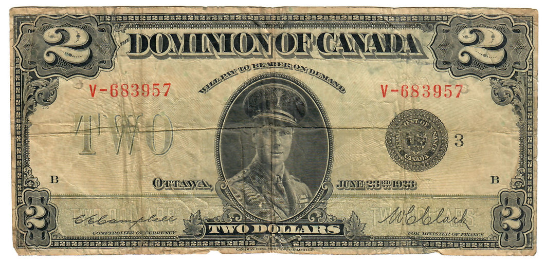 Dominion of Canada 2 Dollars 1923 F Campbell-Clark BLACK Seal