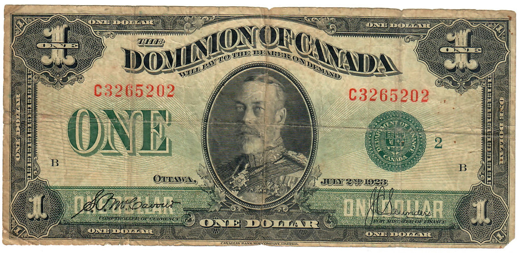 Dominion of Canada 1 Dollar 1923 VG McCavour-Saunders GREEN Seal