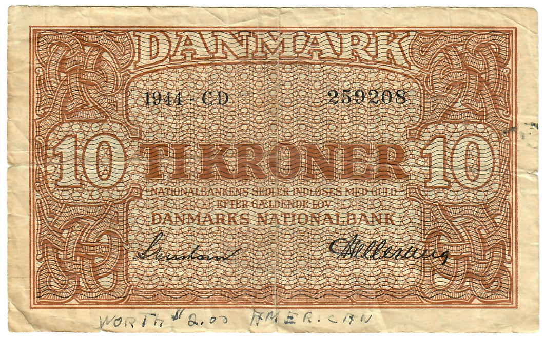 Denmark 10 Kroner 1944 VF 