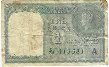 Load image into Gallery viewer, India 1 Rupee 1940 (1944) VG &quot;Jones&quot; Letter A Green King George VI

